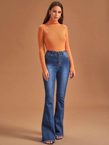 High Waist Button Front Flare Leg Jeans