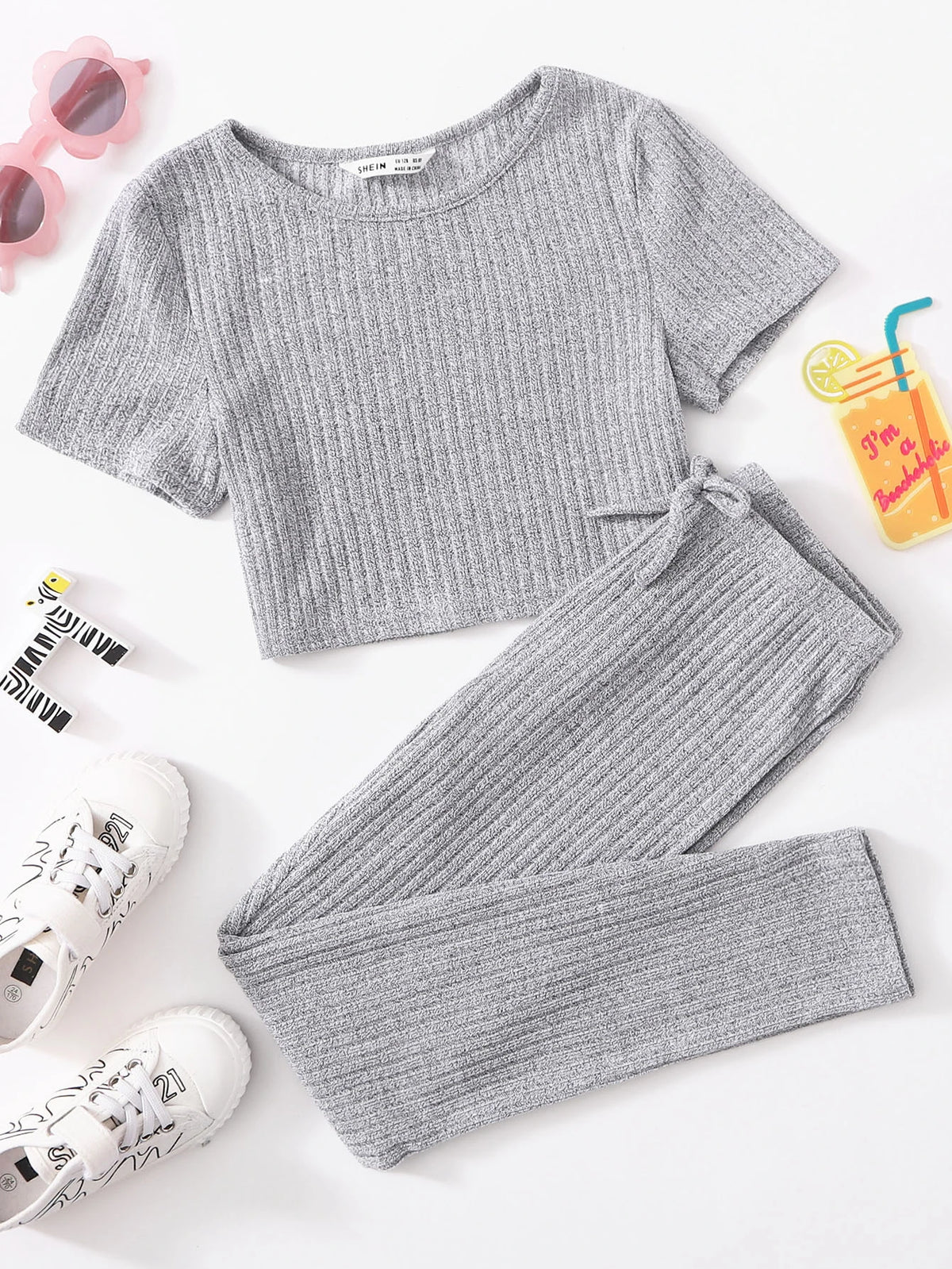 Girls Rib-knit Top & Bow Waist Leggings Set