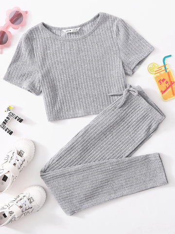Girls Rib-knit Top & Bow Waist Leggings Set