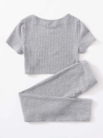Girls Rib-knit Top & Bow Waist Leggings Set
