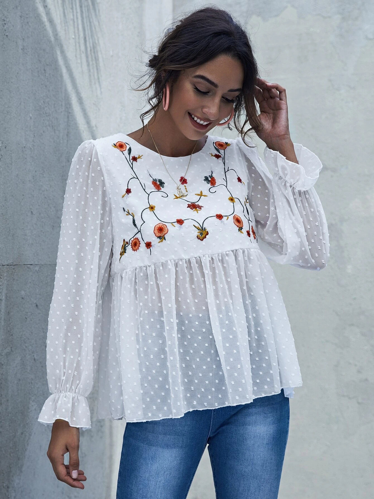 Embroidered Flower Swiss Dot Peplum Top