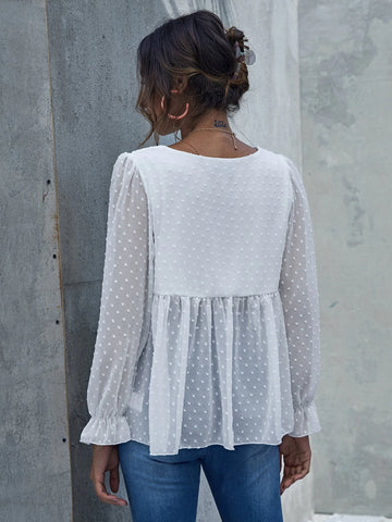 Embroidered Flower Swiss Dot Peplum Top