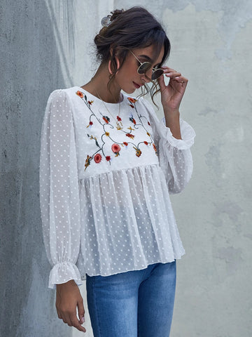 Embroidered Flower Swiss Dot Peplum Top