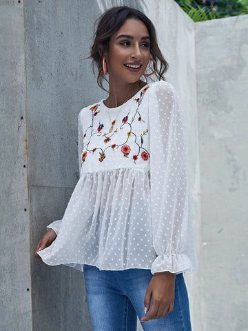 Embroidered Flower Swiss Dot Peplum Top