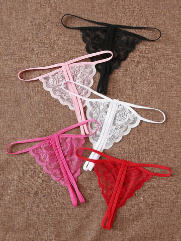 5pack Floral Lace Crotchless Thong Set
