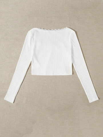 Lace Trim Bow Front Rib-knit Tee