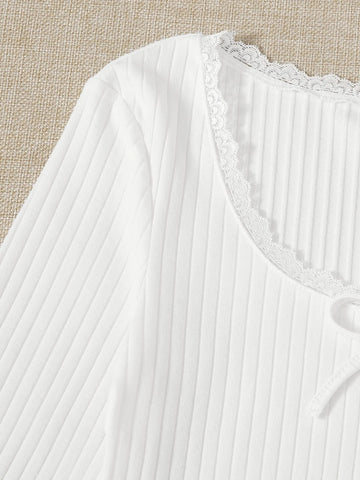 Lace Trim Bow Front Rib-knit Tee