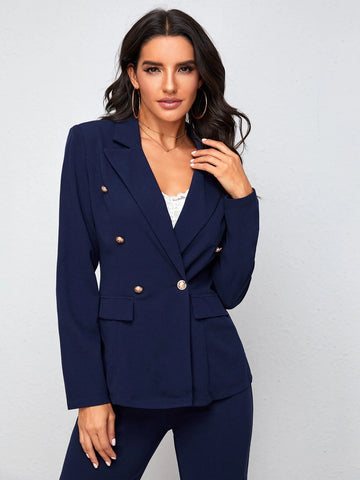 BIZwear Notch Collar Double Button Blazer and Tailored Pants Set