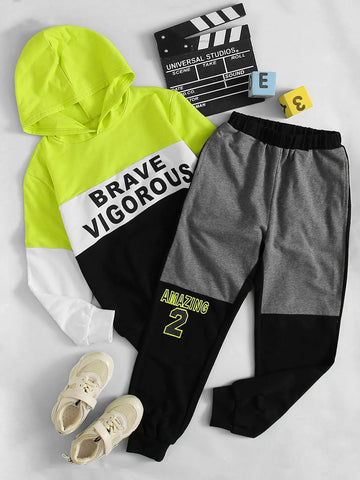 Boys Letter Graphic Colorblock Hoodie & Sweatpants Set
