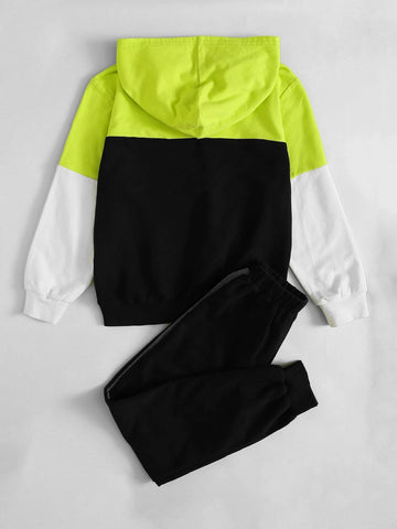 Boys Letter Graphic Colorblock Hoodie & Sweatpants Set