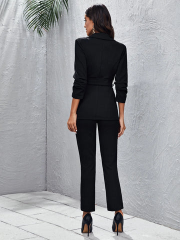 Unity Peak Collar Buckle Belted Blazer and Split Hem Pants Set