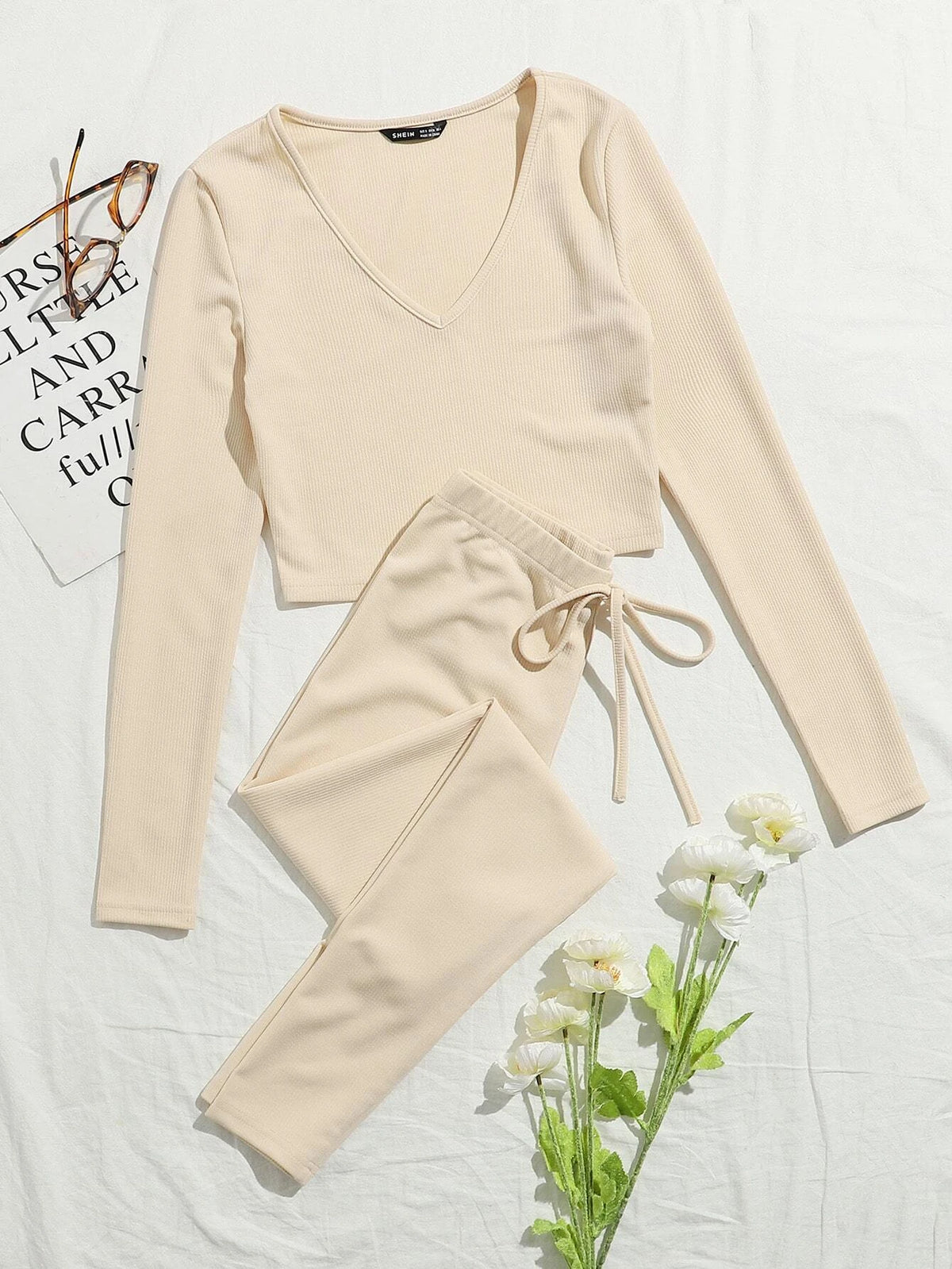 V-neck Rib-knit Solid Tee and Knotted Waist Leggings Set