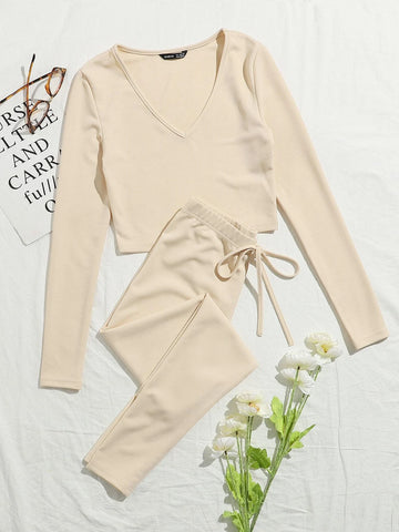 V-neck Rib-knit Solid Tee and Knotted Waist Leggings Set