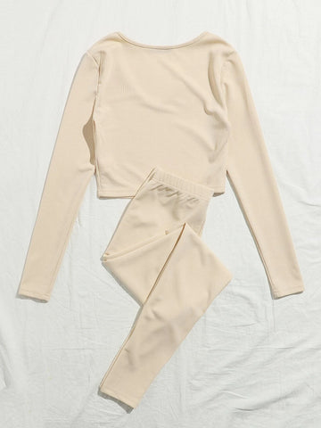 V-neck Rib-knit Solid Tee and Knotted Waist Leggings Set