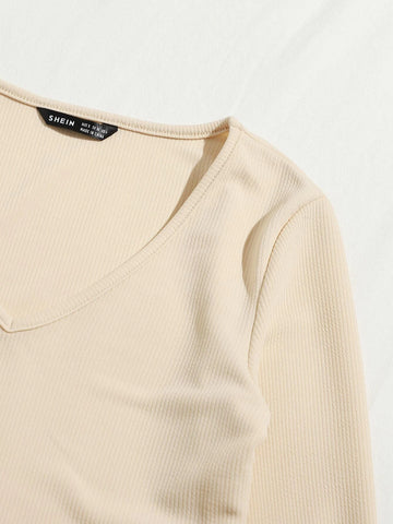 V-neck Rib-knit Solid Tee and Knotted Waist Leggings Set