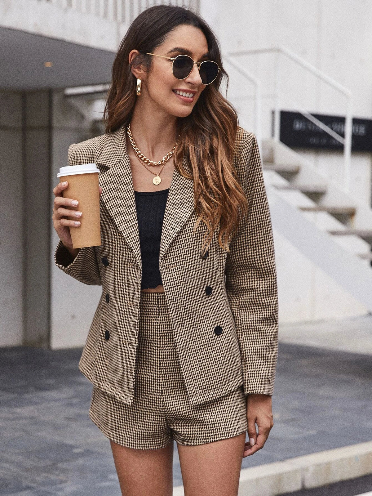 Unity Double Button Houndstooth Blazer & Shorts Set