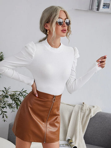 Mock Neck Gigot Sleeve Rib-knit Bodysuit