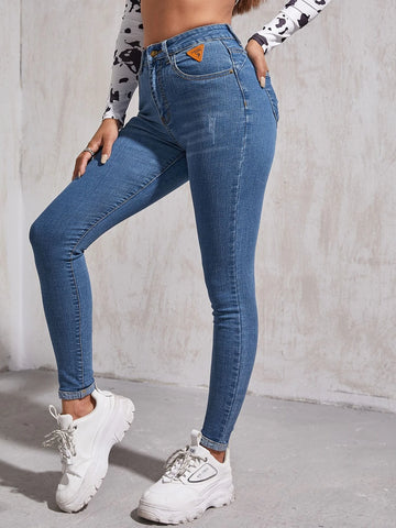 High Waist Patch Detail Skinny Jeans