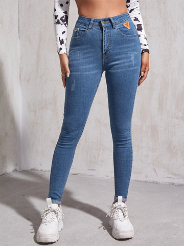 High Waist Patch Detail Skinny Jeans