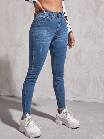 High Waist Patch Detail Skinny Jeans