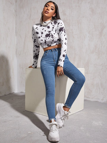 High Waist Patch Detail Skinny Jeans