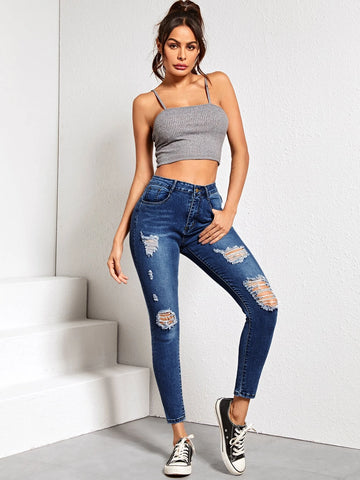 High Waist High Stretch Slant Pocket Skinny Jeans