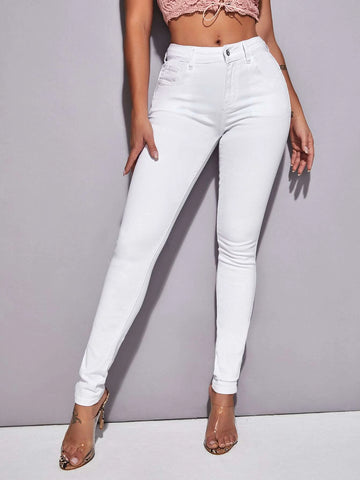 Solid Zipper Fly Skinny Jeans