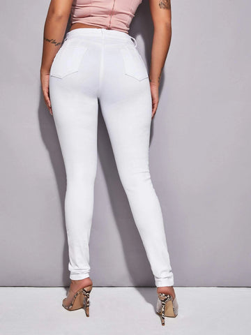 Solid Zipper Fly Skinny Jeans