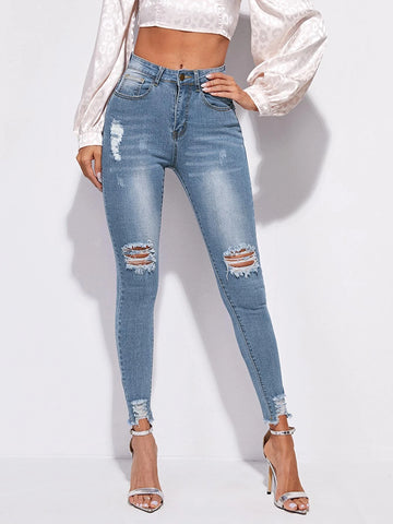 High Stretch Raw Hem Ripped Skinny Jeans