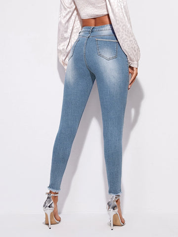 High Stretch Raw Hem Ripped Skinny Jeans