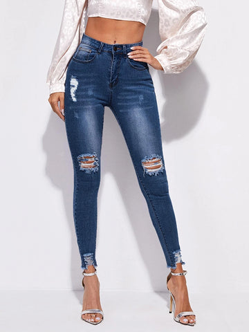 High Stretch Raw Hem Ripped Skinny Jeans