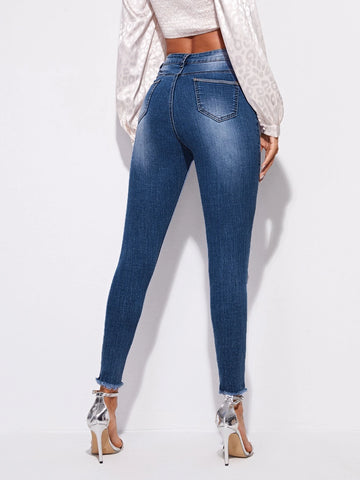 High Stretch Raw Hem Ripped Skinny Jeans