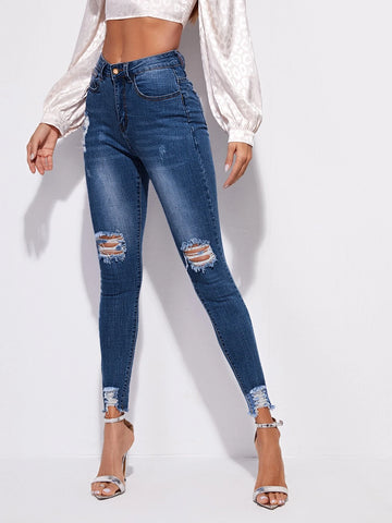 High Stretch Raw Hem Ripped Skinny Jeans