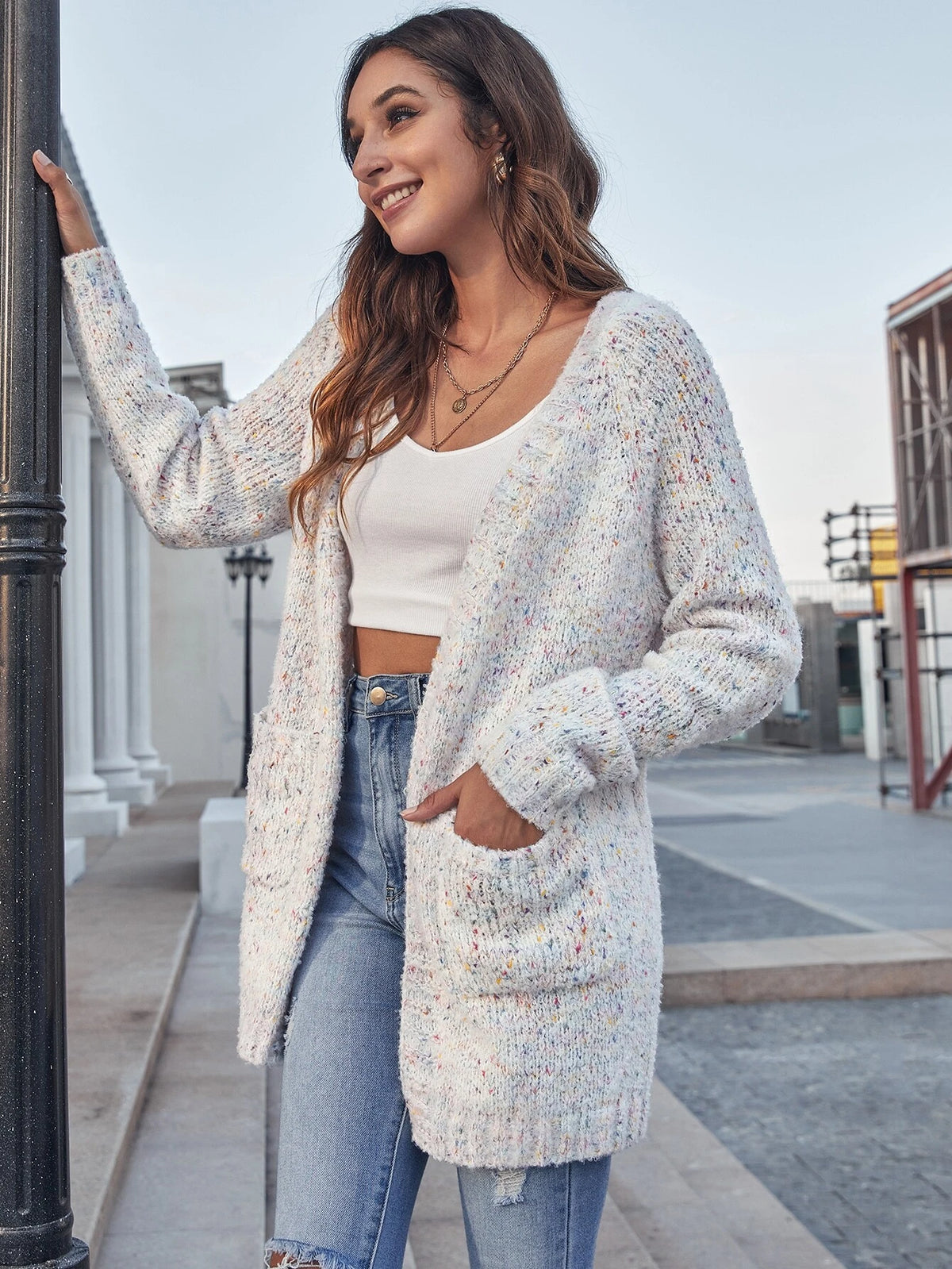 Raglan Sleeve Double Pocket Flecked Cardigan