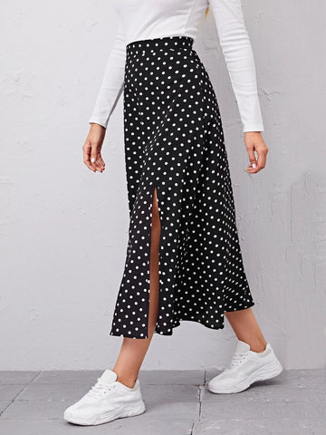 EMERY ROSE Polka Dot Split Thigh Skirt