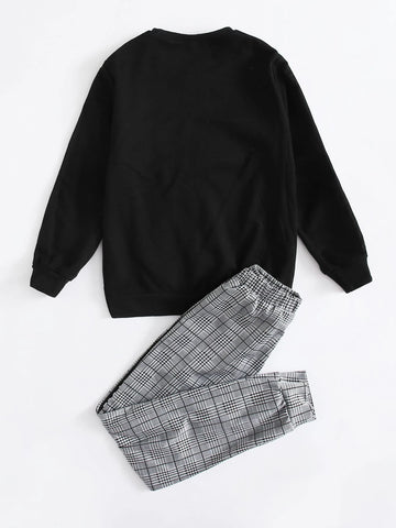 Boys Slogan Graphic Tape Side Pullover & Plaid Sweatpants Set