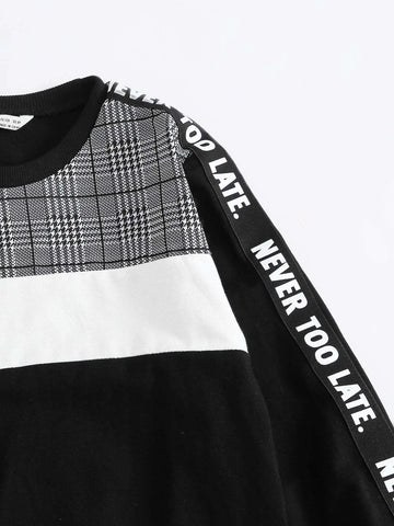 Boys Slogan Graphic Tape Side Pullover & Plaid Sweatpants Set