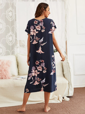 Floral Print V Neck Batwing Sleeve Night Dress