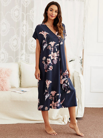 Floral Print V Neck Batwing Sleeve Night Dress