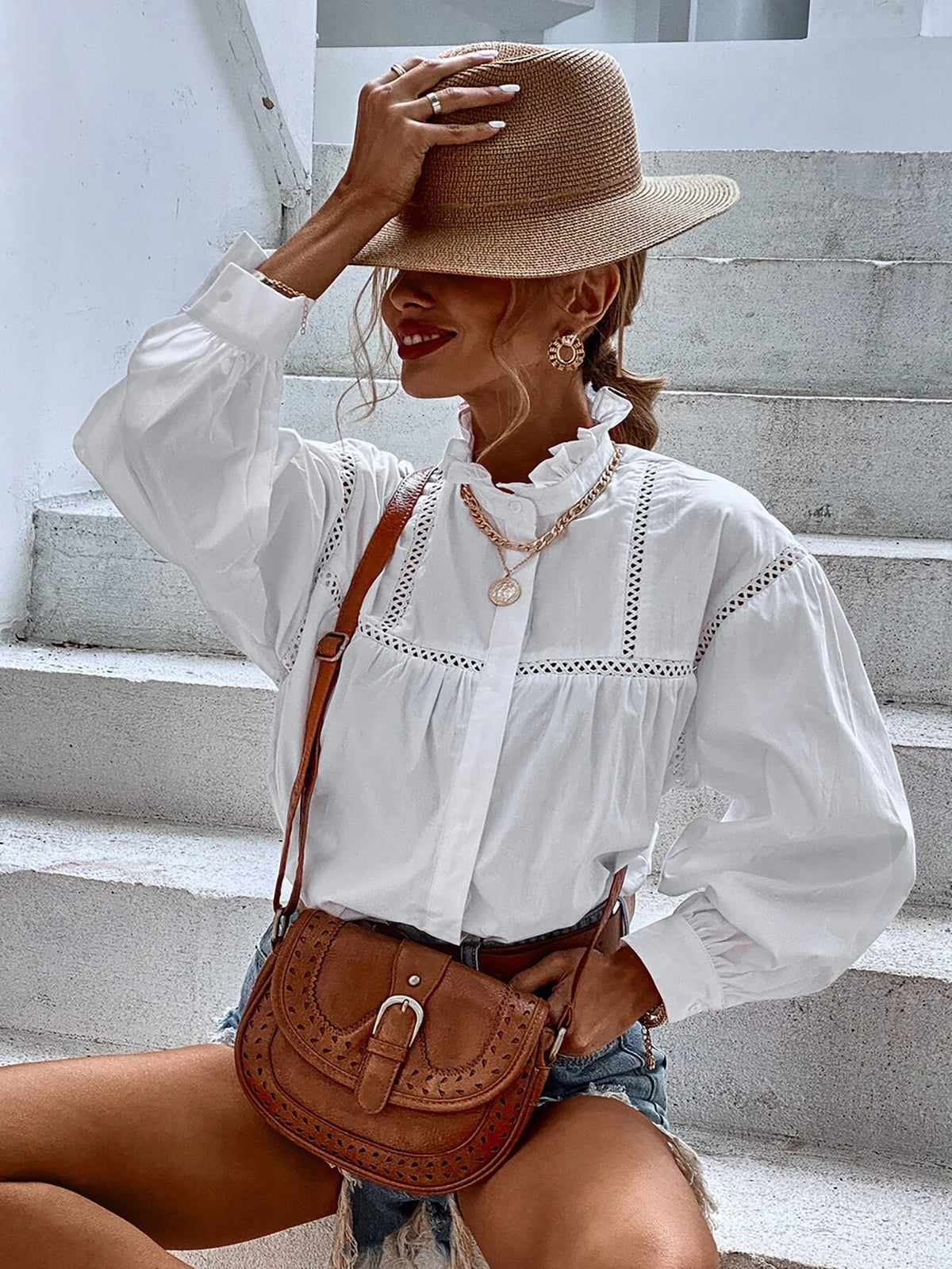 Ruffle Neck Hollow Out Blouse