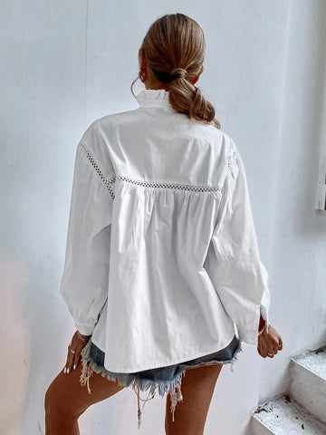 Ruffle Neck Hollow Out Blouse