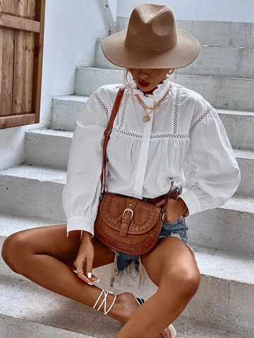 Ruffle Neck Hollow Out Blouse