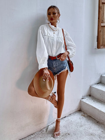 Ruffle Neck Hollow Out Blouse