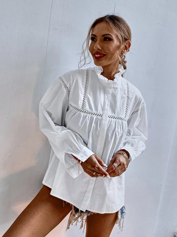 Ruffle Neck Hollow Out Blouse