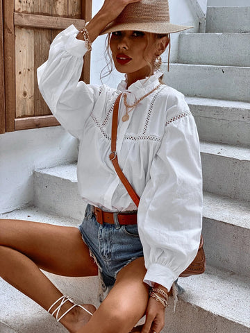 Ruffle Neck Hollow Out Blouse