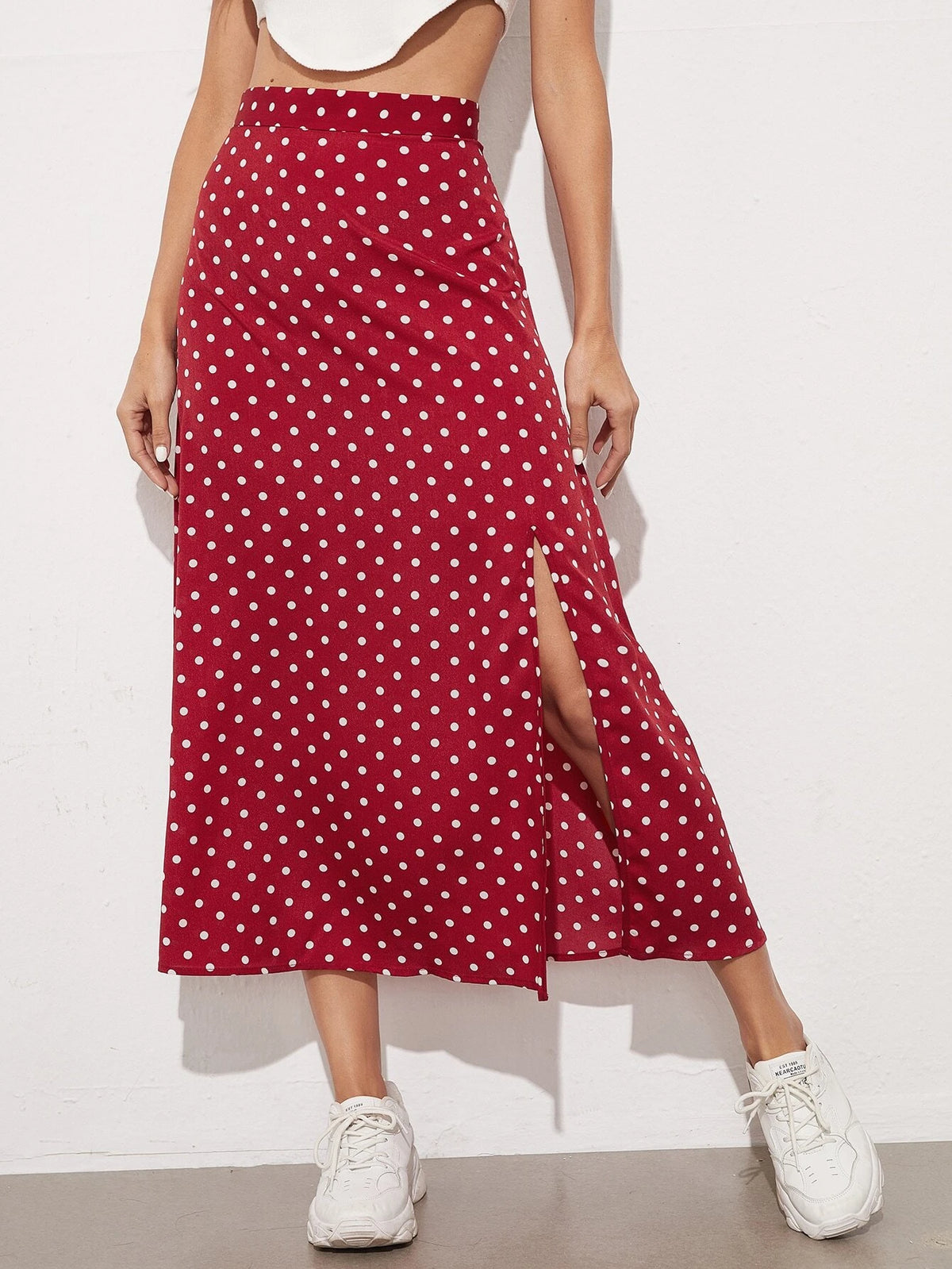 EMERY ROSE Polka Dot Split Thigh Skirt