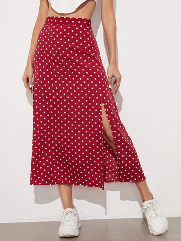EMERY ROSE Polka Dot Split Thigh Skirt