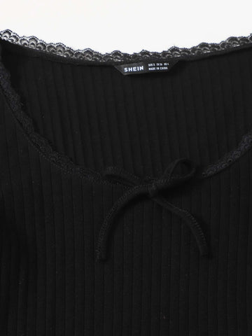 Lace Trim Bow Front Rib-knit Tee