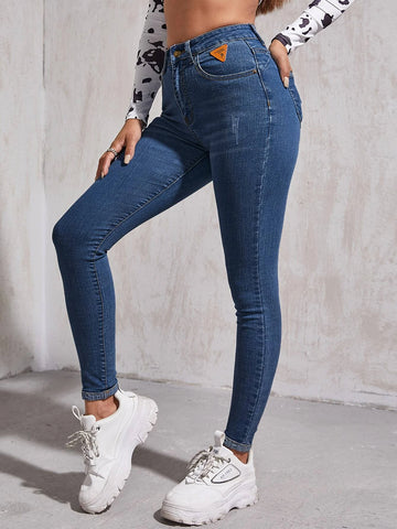 High Waist Patch Detail Skinny Jeans