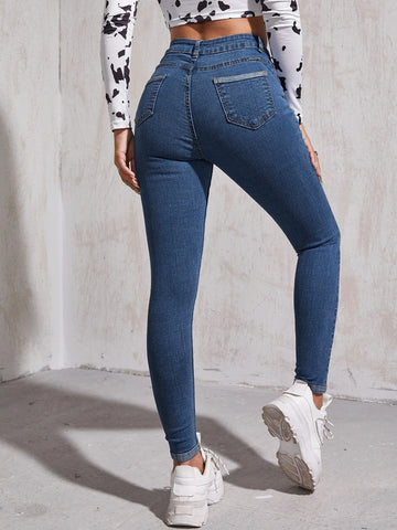 High Waist Patch Detail Skinny Jeans